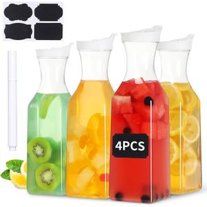 50 oz Plastic Carafe with Lid,4pcs Clear Beverage Milk Drink Container Square Base Clear Water Juice Holder for Mimosa Bar