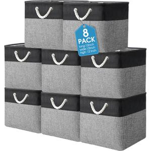 meekoo 8 Pack Collapsible Storage Bins Fabric Storage Bins Polyester Fabric Baskets with Handles Linen Closet Organizer for Shelf Home Closet Towels Toys (12 x 12 x 12in, Black Gray)
