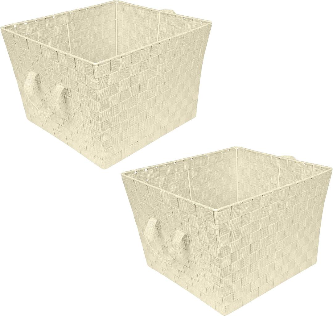 Simplify Large Woven Strap Tote | Decorative Storage Basket | 2 Handles | Organization | Closet | Bedroom | Bathroom | Nursery | Accessories | Toys | Gifts | 2 Pack | Ivory