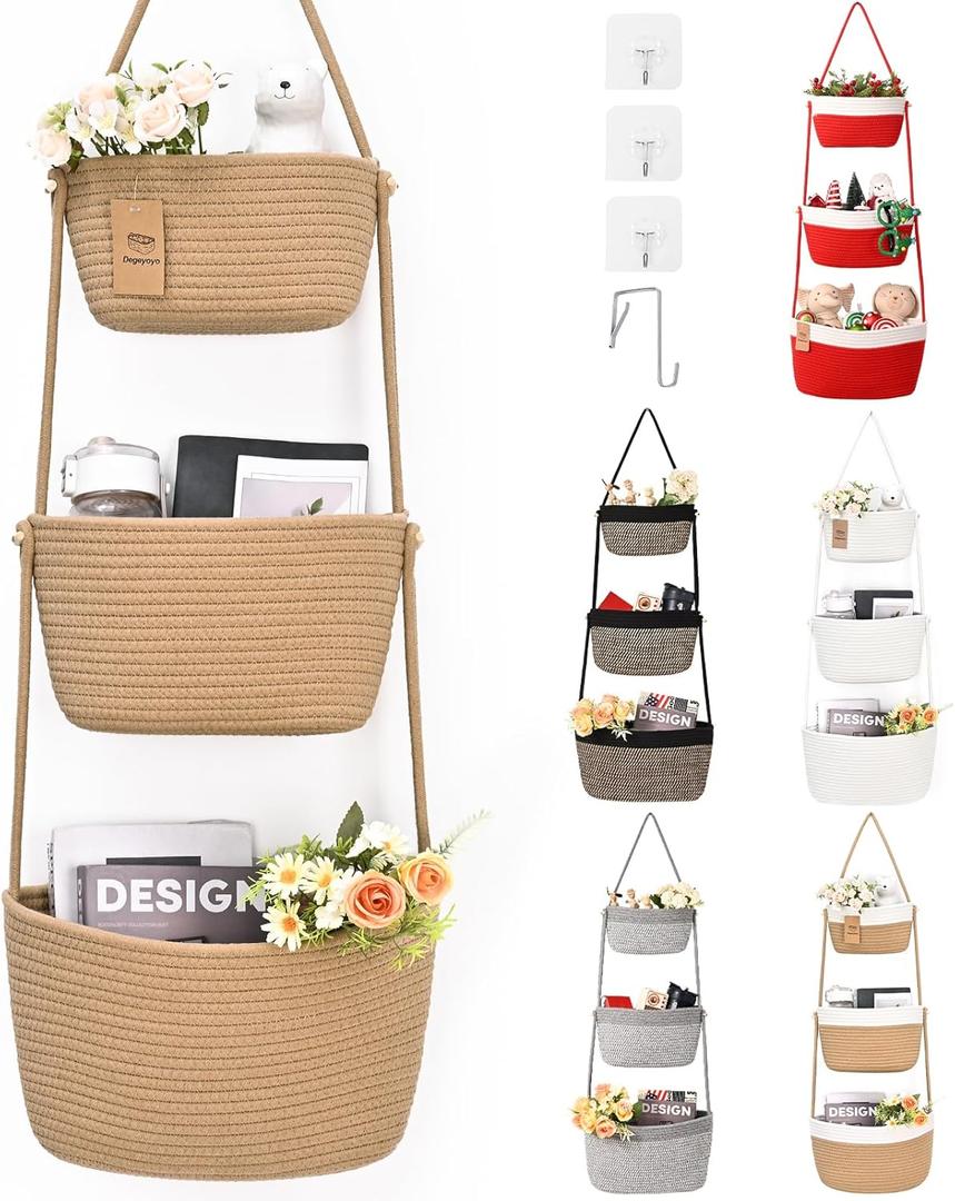 Hanging Storage Baskets, Over the Door Basket, Cotton Wall Baskets Storage, Hanging Door Basket with 4 Hooks (Jute)