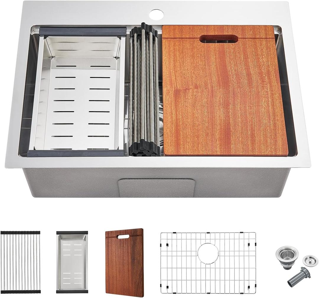 25-inch Workstation Kitchen Sink Drop In, 25x18 Inch 18 Gauge Stainless Steel Topmount Kitchen Sink Single Bowl with Cutting Board& Strainer, D25" x W18" x H9"