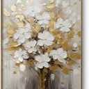 Hand-Painted White and Gold Flowers Oil Painting On Canvas for Living Room,Large 3D Floral Wall Art for Office,Framed Golden Leaf Textured Artwork for Bedroom Wall Decor 32x48inch