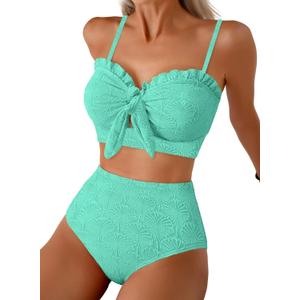 Herseas Women's Seashell Textured Bikini Sets Knotted Front 2 Piece Swimsuits Ruffle Trim Bathing Suits,XL