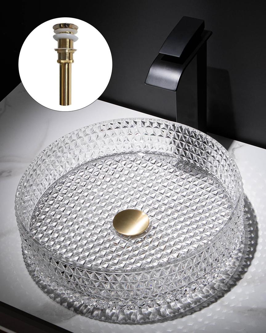 Homary Bathroom Vessel Sink Round Vessel Sink 15.35" x 4.33" Transparent Diamond Shaped Crystal Glass Bathroom Sink Above Counter Clear Glass Vessel Sinks for Bathrooms with Pop-up Drain