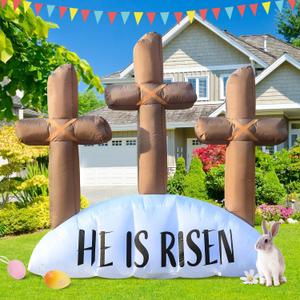6FT Easter Inflatable Outdoor Decorations He is Risen Cross, Build-in LED Lights Holiday Blow Up Yard Decoration, for Easter Holiday Party, Outdoor,Garden, Yard Lawn Dcor