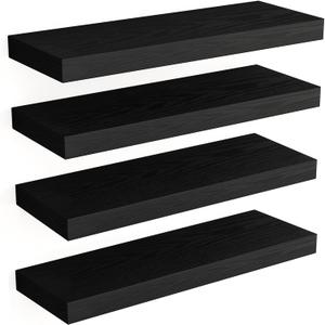 Fixwal Floating Shelves for Wall, Wall Mounted Rustic Wood Shelves for Bathroom, Living Room, Bedroom and Kitchen, Wall Shelves for Storage,Books,Room Decor (Black, Set of 4, 15.8 Inch)
