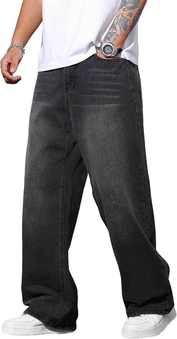Men's Baggy Jeans Y2K Vintage Wide Leg Denim Pants Hip Hop Skater Jeans Loose Fit Trousers 2000s Streetwear (X-Large, Dark Gray)