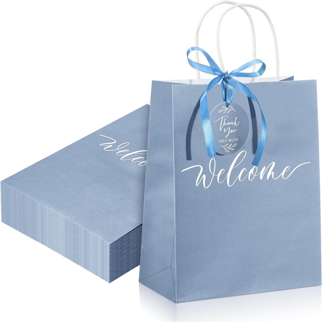 Queekay 36 Pcs Large Welcome Paper Gift Bags with Handle 10.6 x 8.3 x 4 Inches with 36 Tags Wedding Church Party Favor Bridal Gift Bags for Guest Birthday Baby Shower(Classic,Light Blue)