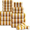 Oliven 18 Pcs Yellow Cabana Stripe Family Towels Set-6 Bath Sheets,6 Hand Towels,6 Washcloths Soft Jumbo Bathroom Towels Absorbent Shower Towel Quick Dry Beach Chair Towel Spa Gym Hotel Towel Set