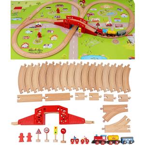 Wooden Train Set with Town Map-Shinington Railway Track Construction Building Toys for 3 Years Old Kids Boys Girls-Vehicles Transport Wooden Toys Gift for Toddlers 3 4 5 Years Old