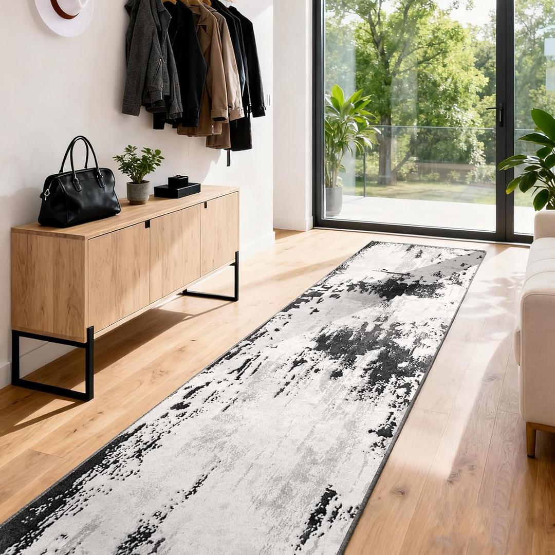 3x8 Hallway Washable Runner Rug: Extra Long Kitchen Runner Non Slip Abstract Rugs Printed Faux Wool Low Pile Soft Indoor Floor Carpet for Bedroon Dining Living Room Bathroom Black White 3x8