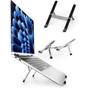 Junfire Foldable Laptop Stand for Travel, Aluminum Stable Ergonomic Laptop Riser with 6-Levels Height Adjustment, Fits with MacBook Air, MacBook Pro, iPad, HP, Dell, Lenovo (Up to 15.6'')-Sliver (Suitable for up to 15.6 inch devices)