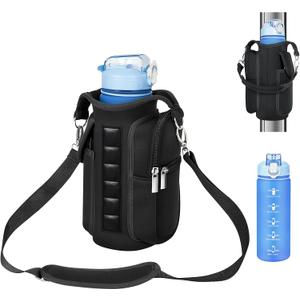 Panmout Hands-Free Magnetic Gym Bag with Gym Bottle - 3-in-1 Water Bottle Holder with 6 Magnets, 3 Pockets, Fits up to 40oz Bottle and Large Phone, Shoulder Strap for Gmy, Hiking and Travel (Black)