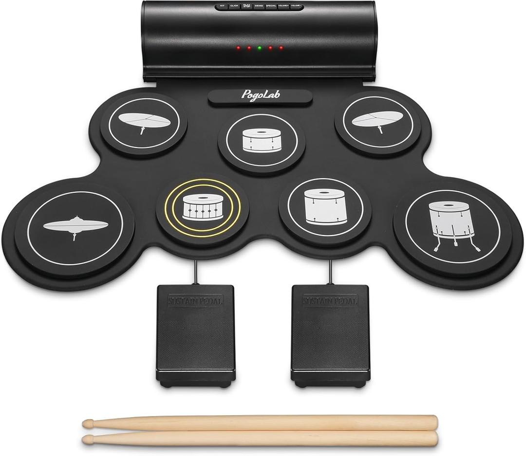 Electronic Drum Set, 7 Pads Roll Up Electric Drum Pad with Wireless Function, Portable Rechargeable Midi Drum Kit with Built-in Speaker/Pedals/Headphone Jack, Great Holiday Gift for Beginner (White Pattern)