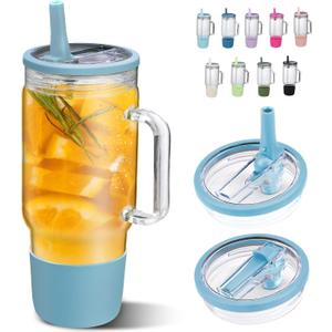 SIEROZUR 40 oz Glass Tumbler with Handle and Straw Lid Reusable Glass Tumbler with Silicone Sleeve BPA Free Iced Coffee Cup with Handle, Fits In Cup Holder, Dishwasher Safe
