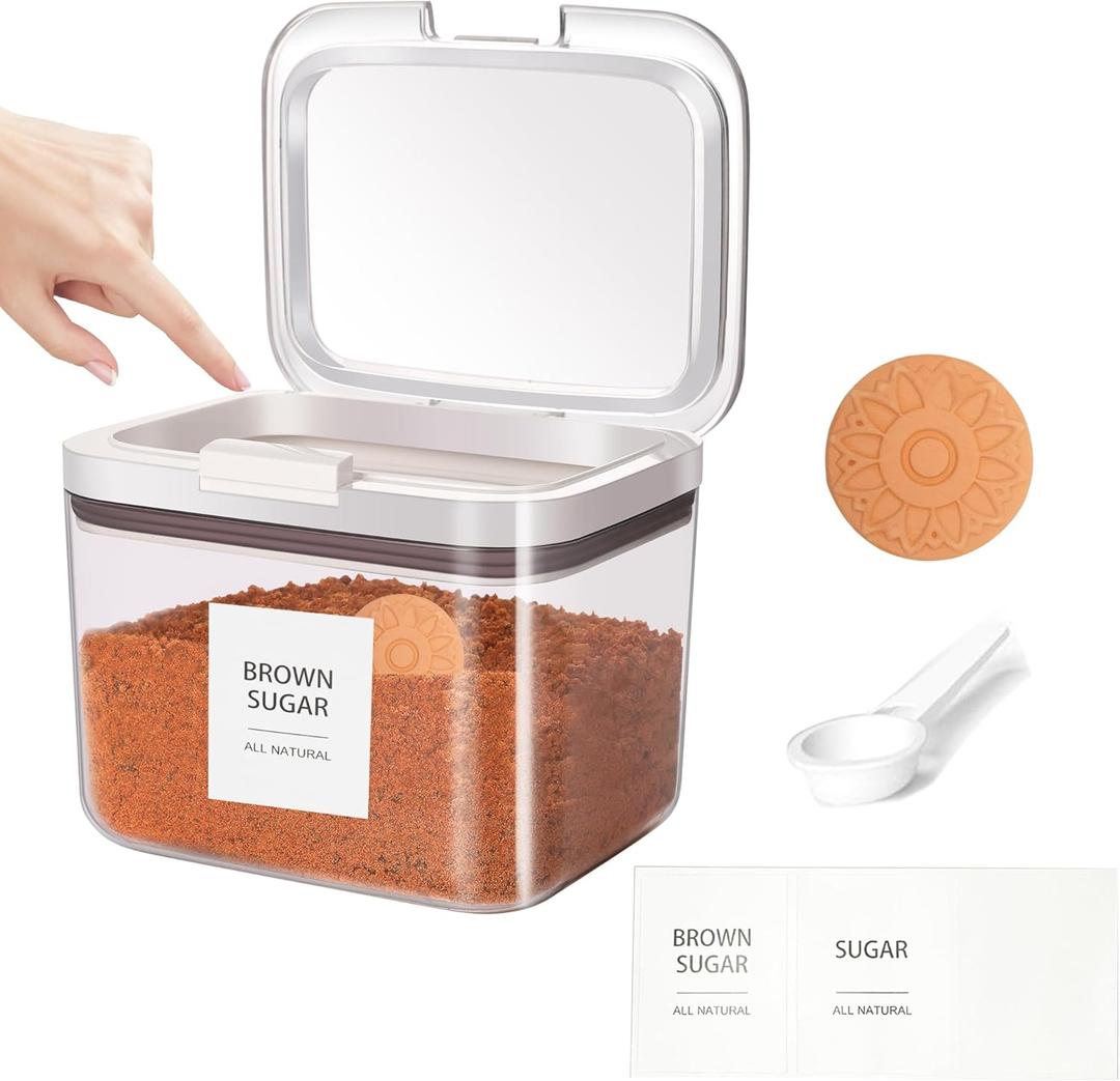 Brown Sugar Container Airtight, Brown Sugar Keeper Storage Container with Spoon and Terracotta Savers for Softening, Stackable One-Touch Opening 1.3Qt(42Oz/1.2L)