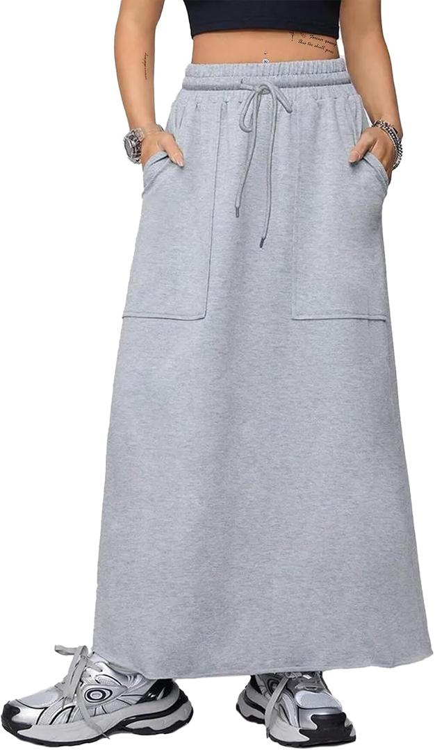 SOFIA'S CHOICE Women's Drawstring Maxi Skirt with Pockets High Waist A Line Long Skirts Grey Small (Gray, S)