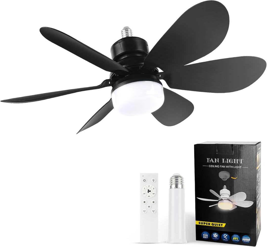 Socket Fan Light, Light Bulbfan with Remote Dimmable, 20.5IN for Garage Kitchen Balcony Living Tools Store Laundry Room (Black)