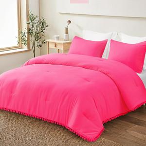 Exclusivo Mezcla Boho Pom Pom Ball Fringe Twin Comforter Set, 2 Piece Hot Pink Lightweight Down Alternative Bedding Comforter Sets for All Seasons (Twin (68"x88"))