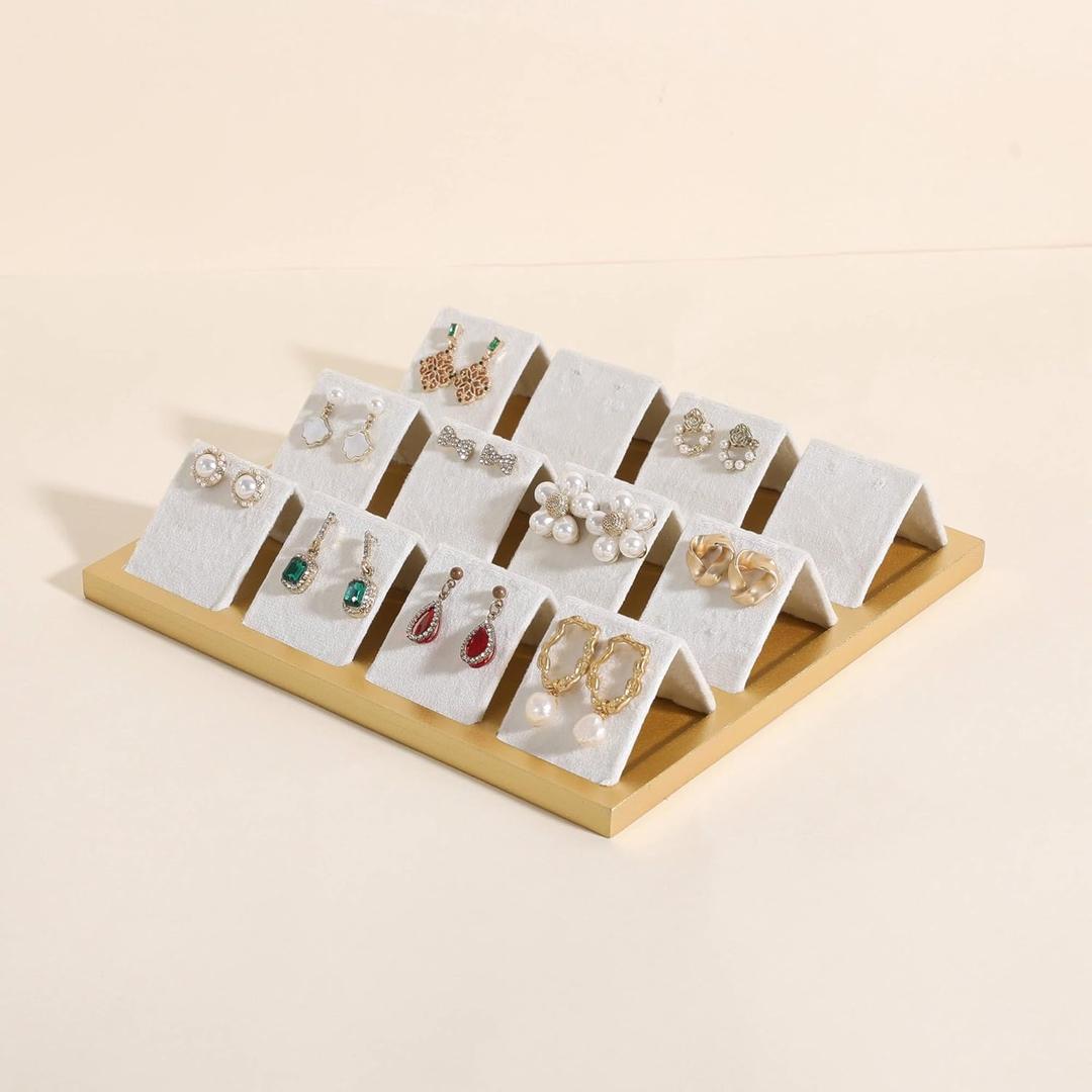 GemeShou Golden coated earring display stand for selling, velvet stud earring holder for jewelry display, Jewlery earring storage organizer tray, studs holder jewelry organizerEarring holder-white
