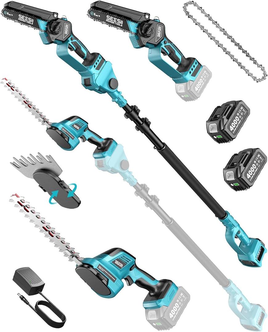 SEESII 6-in-1 Cordless Pole Saw & Hedge Trimmer Combo, Electric Mini Chainsaw with 2×4.0 Ah Batteries, Extendable Tree Pruner, Bush Trimmer Limb Branch Cutter, Grass Shears, 15Ft Long Reach