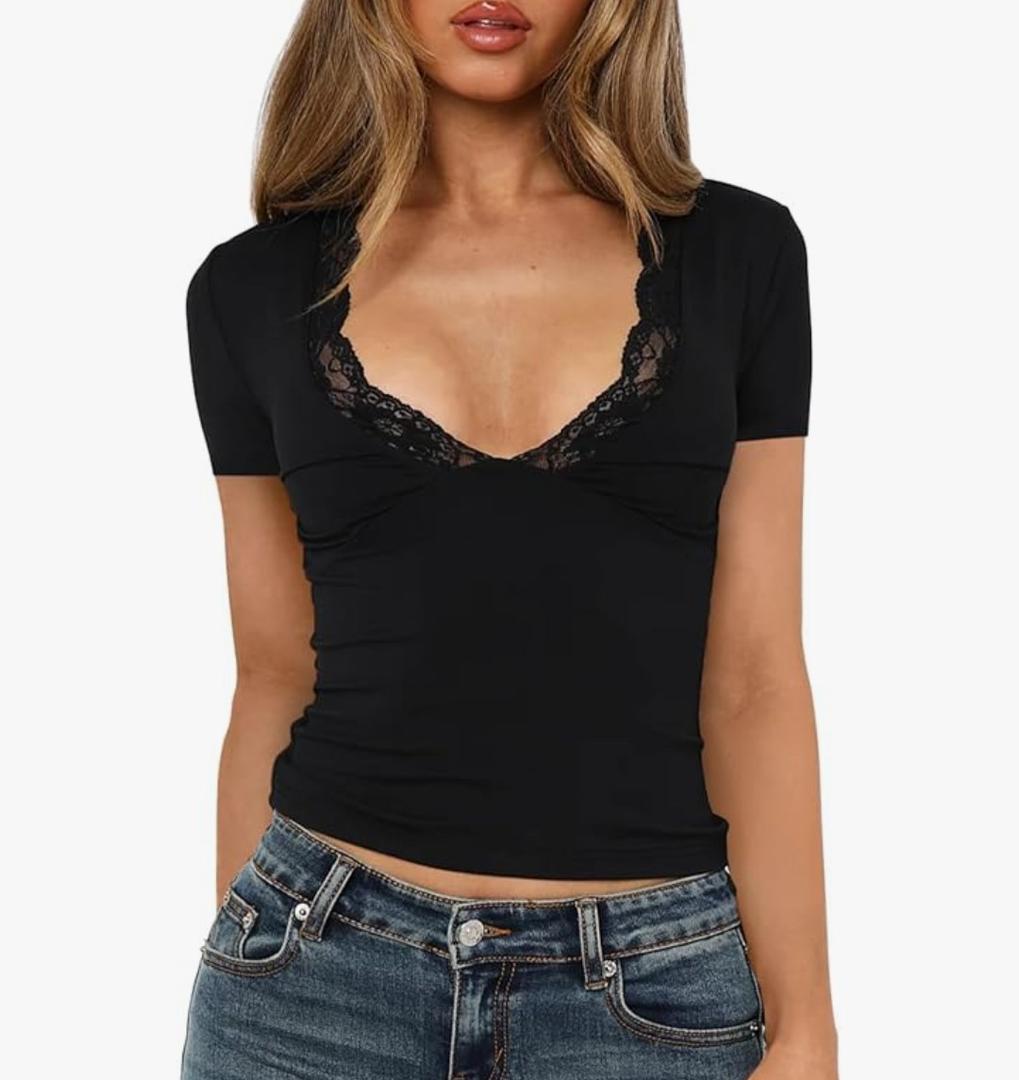 Women's Short Sleeve Sexy Lace Trim V-Neck Slim Fit Daily Basic Black Tees Spring Summer Going Out Casual Vacation Crop Tops Trendy Y2K Clothing (8638, L, Black)