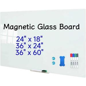 DEVELOP Magnetic Glass Whiteboard, 24 x 18 Inches (60 x 45 cm), Small Tempered Glass Dry Erase Board for Wall, Frameless Whiteboards with Marker Tray, 4 Markers, 2 Magnets, 1 Eraser