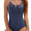 Blooming Jelly Womens One Piece Swimsuit V Wire Push Up Ribbed Slimming Tummy Control Bathing Suit Modest High Cut Swimwear size M
