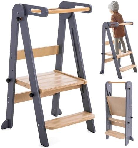Gewitt Foldable Toddler Kitchen Stool Helper - Adjustable Height Folding Toddler Standing Tower, Kids Helper Stool with Safty Rail for Kitchen Counter Bathroom (Grey)