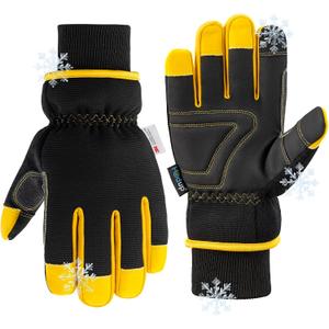 Insulated Synthetic Leather Winter Work Gloves - 3M Thinsulate, Fleece-Lined, Water-Resistant (Large, Yellow/Black)
