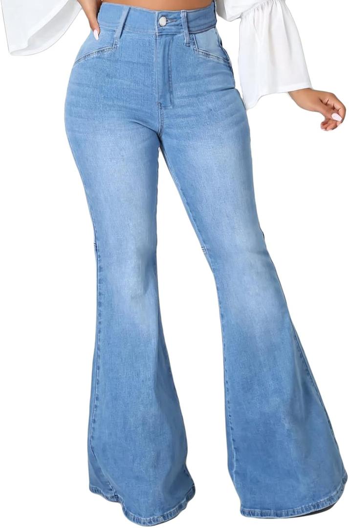 SeNight Women Bell Bottom Jeans Elastic Waist Ripped Flared Jean Destroyed Raw Hem Denim Pants (X-Large, Aa-light Blue)