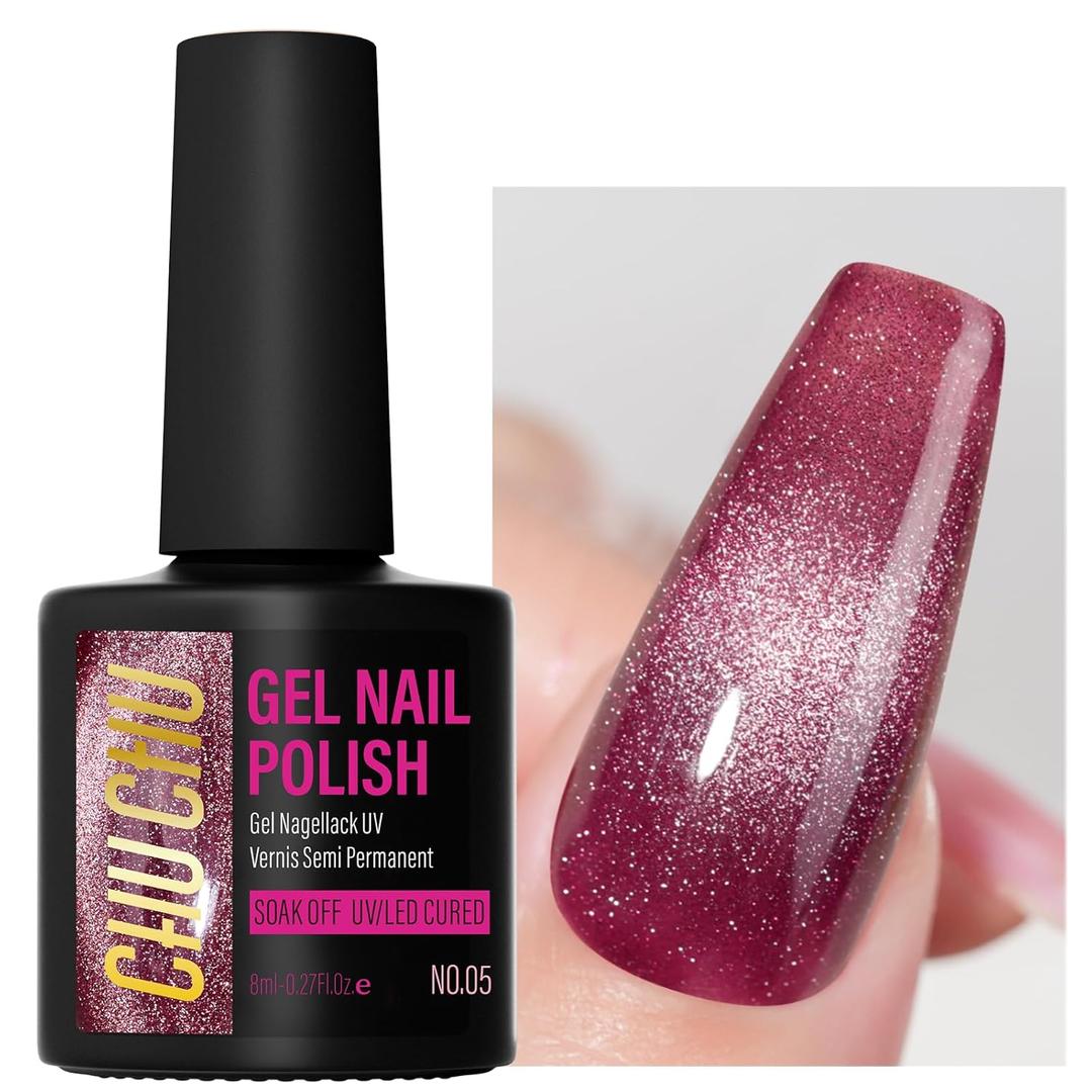 4 x CHUCHU Hema Free Sparkling Burgundy Cat Eye Gel Polish: Magnetic Holographic Glitter Nail Polish for Women - Long Lasting Salon Quality DIY Home Manicure Beginners Professional