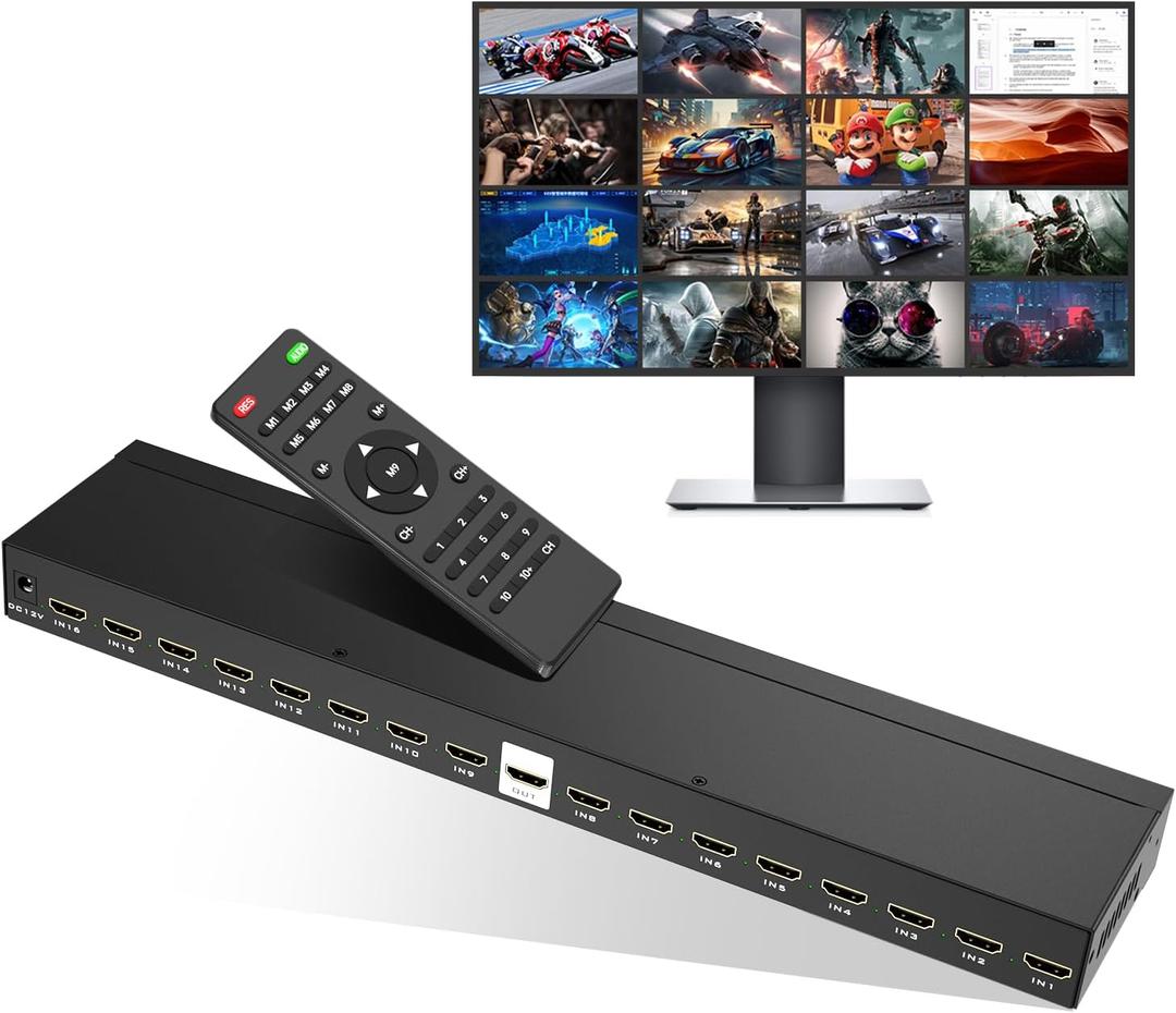 MT-VIKI 4K HDMI Multi-Viewer 16x1 w/IR Remote, 4K@30Hz Seamless HDMI Switcher 16 in 1 Out for PS4/PS5/Security Camera