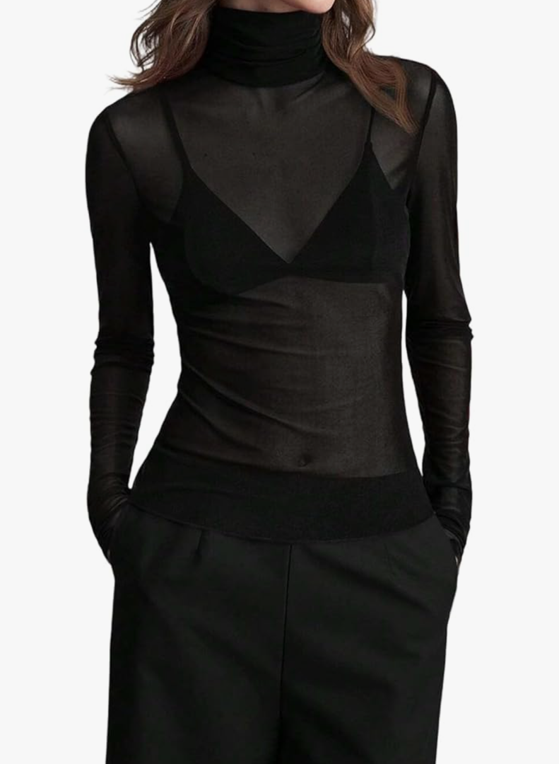 FEORJGP Womens Mesh Long Sleeve Tops Turtleneck See Through Slim Fitted Blouse Sheer Going Out Club Party Fall Tee Shirts White S