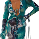 Women's Sheer Mesh Cover Ups Long Sleeve Bodycon Ruched Beach Dress for Swimwear, Medium