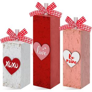 Redbaker 3pcs Valentine's Day Table Centerpieces Valentines Office Decor Wooden Block Sign Be Mine Love Table Decorations Rustic Farmhouse Red Pink Heart Tiered Tray Decor for Home Office Mantel Desk