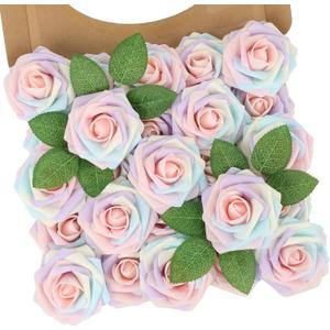N&T NIETING Artificial Flowers, 25Pcs Fake Flowers Roses Perfect for DIY Wedding Bouquets Centerpieces Bridal Shower Party Home Flower Arrangement Decorations, Rainbow Color