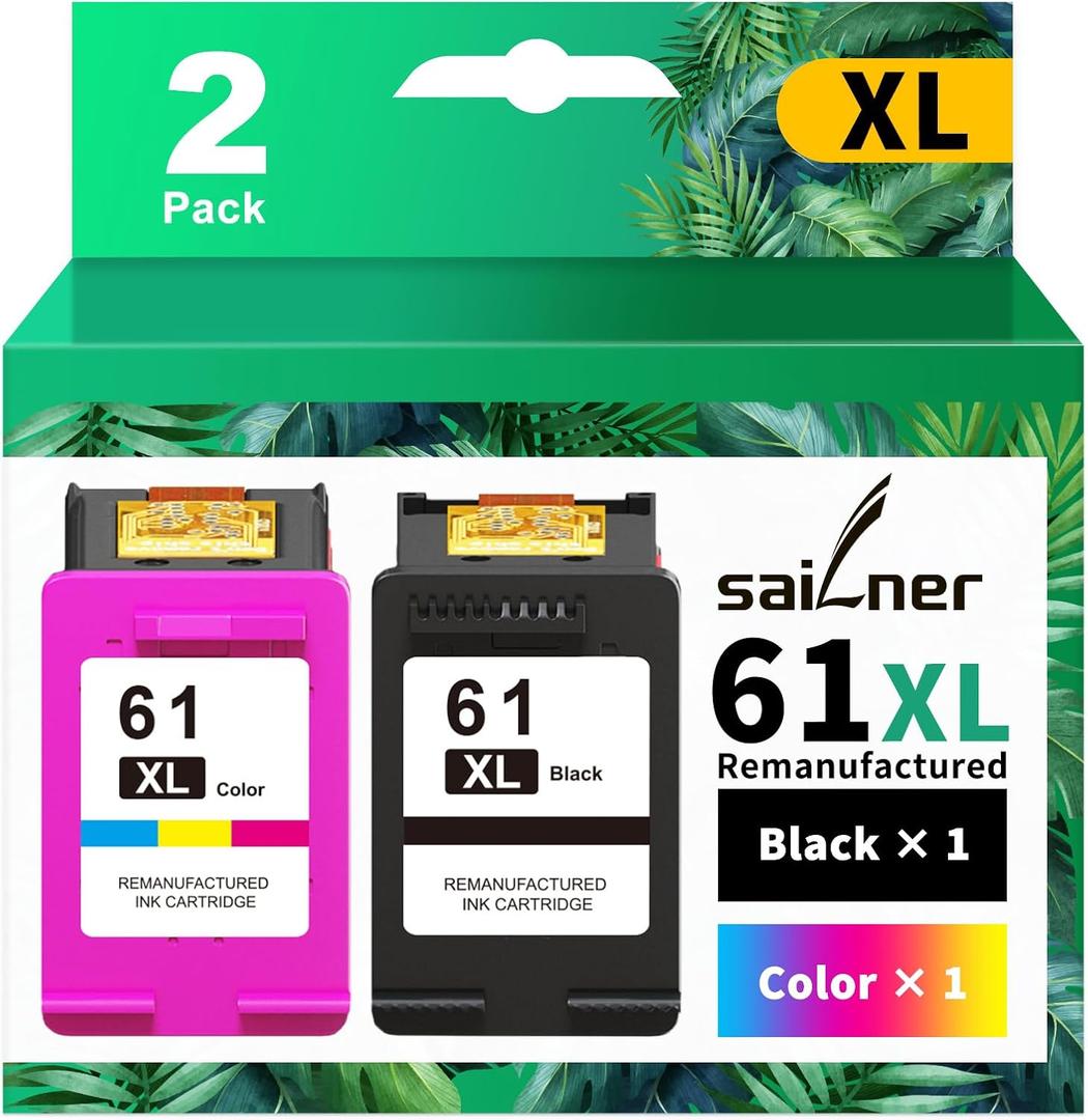 SAILNER 61XL Ink Cartridge Replacement for HP Ink 61 Black and Color Combo Pack 61XL for Envy 4500 4501 4502 5530 Officejet 4630 4635 Deskjet 1000 1010 2540 Series Printer 61 Ink, 2-Pack