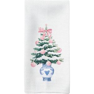 Blue and White Chinoiserie Christmas Kitchen Towels, Pink Bow Christmas Tree Hand Towels, Grandmillennial Christmas Decor Dish Towels Dishcloths Tea Towels for Kitchen, 16x24in