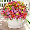 Artificial Faux Plants Flowers Outdoor Decoration,16 Bundles Fake Silk Colorful Daisy Eucalyptus Realistic UV Resistant for Outside Home Planter Porch Patio Yard Decor (Mix Purple Pink Yellow Red)