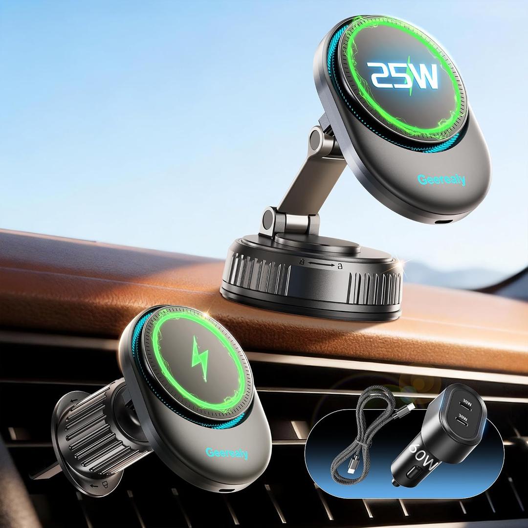 for 25W MagSafe Car Mount Charger with Cooling Fan, Magnetic Wireless Car Charger, Suction Cup & Vent Attachment Phone Holder, 25W Fast Charging Car Cooling Phone Mount for iPhone 17/16,S26 Ultra