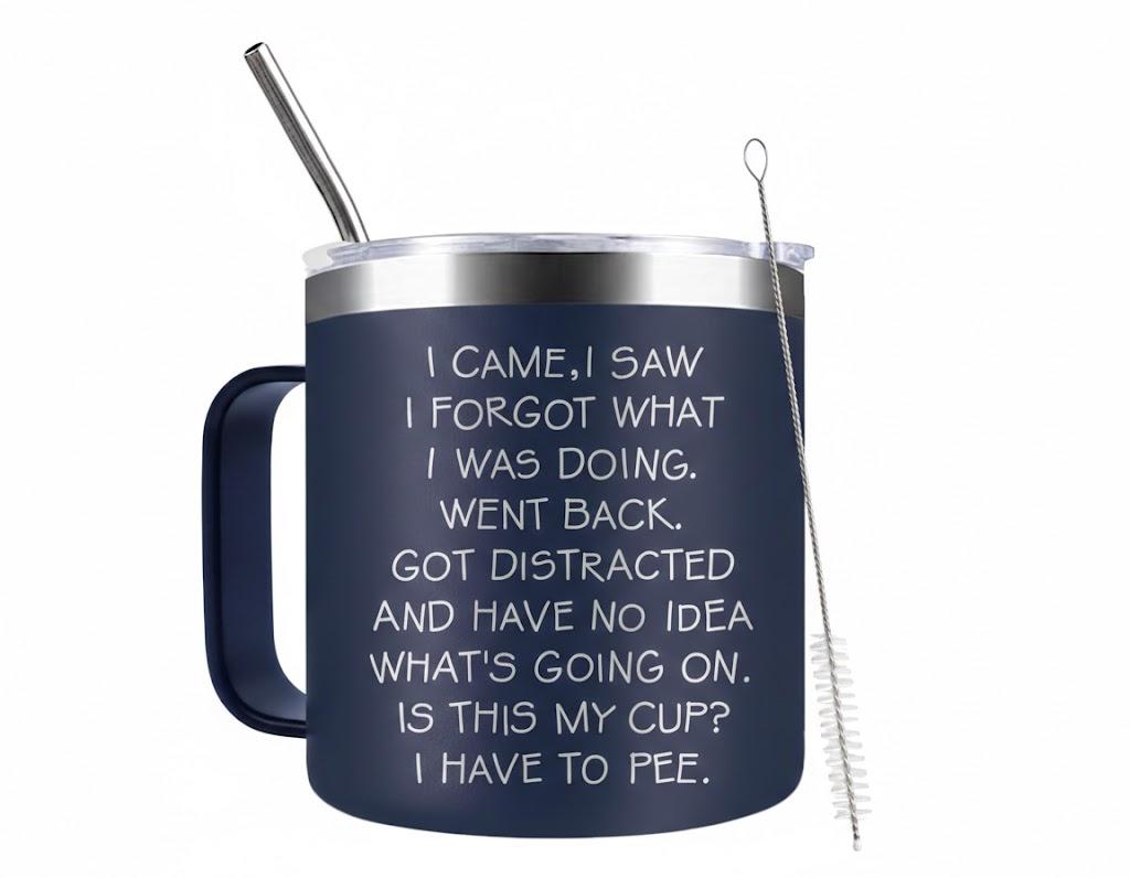 Funny Christmas Gifts for Dad Old Men Grandpa, 14 Oz Stainless Steel Tumbler Coffee Mug with Handle I Came I Saw I Forgot Gag Present Fathers Day Christmas Gift Idea, Navy Blue