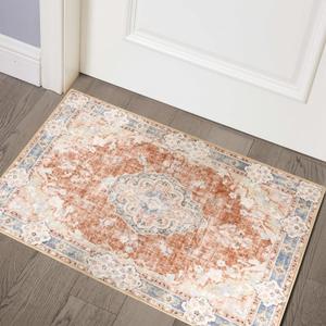 MUJOO 2'x3' Rugs Machine Washable Area Rugs for Entryway Boho Rug for Bathroom Kitchen Non Slip Carpet Abstract Soft Low-Pile Orange Navy Blue Area Rug Floral