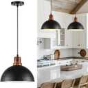 Black Pendant Lights Kitchen Island, 11.8" Hammered Metal Black Dome Pendant Lighting Black and Wood Pendant Light Fixture Hanging Ceiling Light for Dining Living Room Restaurant Sink (1PK/12in)