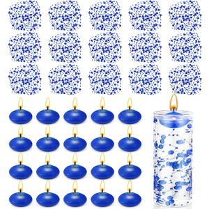 Fumete 40 Pcs Blue Floating Candles Pearl Strings for Centerpieces Small Unscented Floating Candles Vase Fillers Table Decoration for Meditation, Spa, Swimming Pool Party, Wedding Dining Table Decor