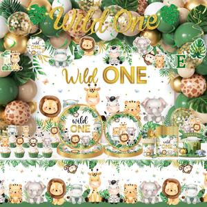 Wild Birthday Decorations,Safari Birthday Decorations 277Pcs Wild Plates and Napkin Sets Banner Backdrop Tablecloth Cake Topper Balloon Garland for Jungle 1st birthday Decorations