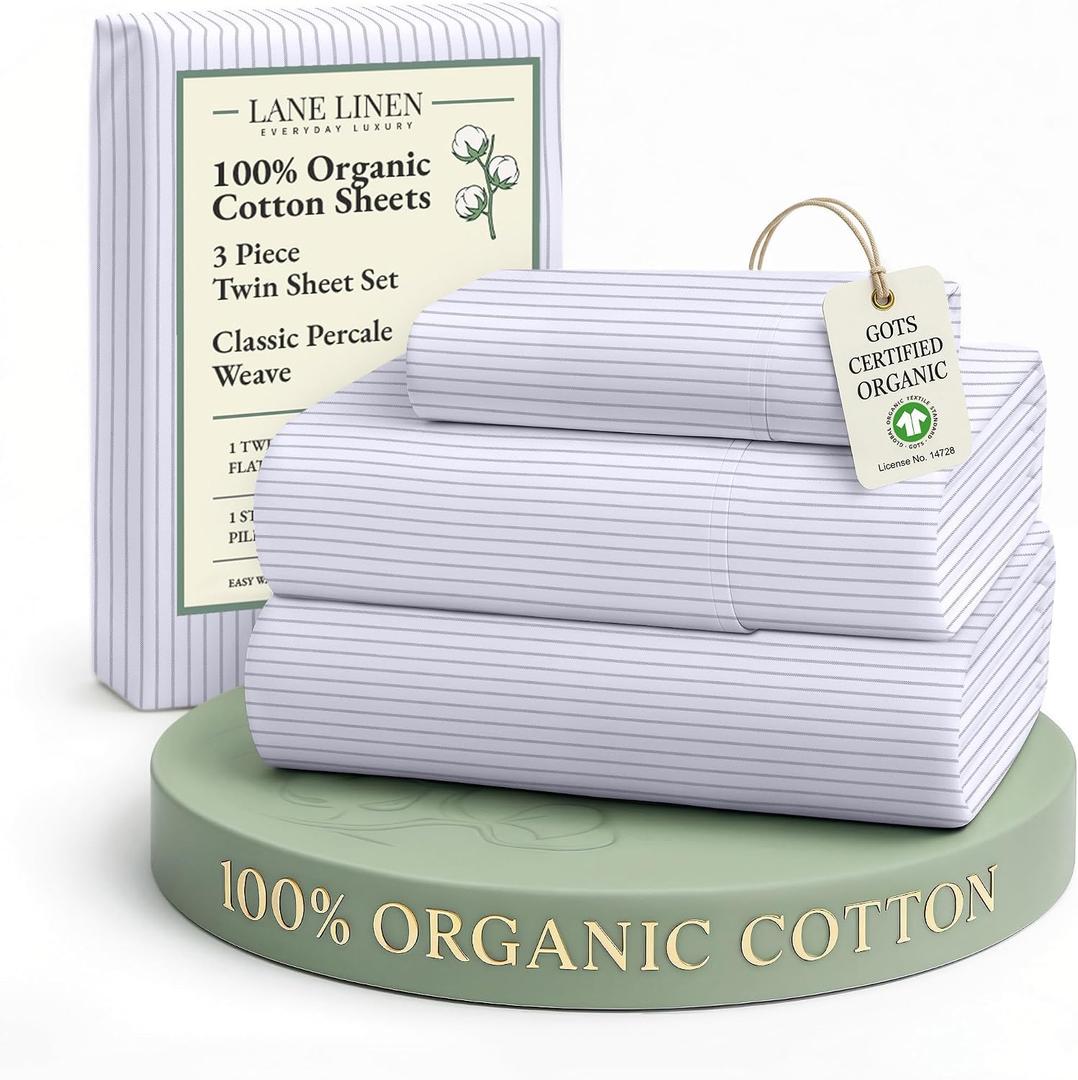LANE LINEN 100% Organic Printed Cotton Sheets Twin Size, Classic Ticking Stripe Print Soft & Comfy Low Pill Fade Resistant Naturally Cooling Machine wash Twin Sheets