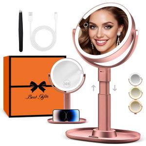 B Beauty Planet Makeup Mirror with Lights, Lighted Magnifying Mirror 30X with 3 Lighting and Adjustable Brightness, 2-Sided Height Adjustable Vanity Mirror for Bathroom, Gifts for Women Rose Gold