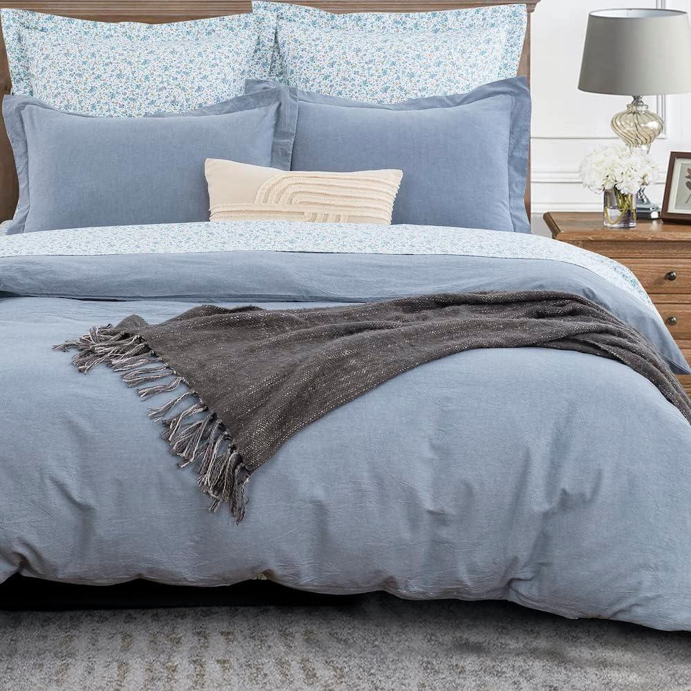 DAUAOTO Full Size Duvet Cover Set,1 Duvet Cover 82"X86" + 2 Shams, Cotton Bedding Farmhouse Style Dusty Blue