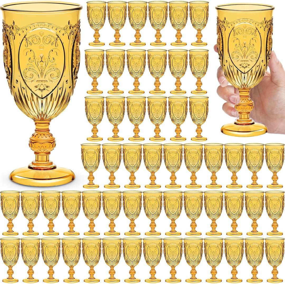 60 Pack Plastic Goblets 10oz Upgrade Vintage Water Goblet Plastic Wine Glasses Colored Retro Embossed Glassware for Party Wine Bar Juice Baby Shower Wedding Reception Grand (Amber)